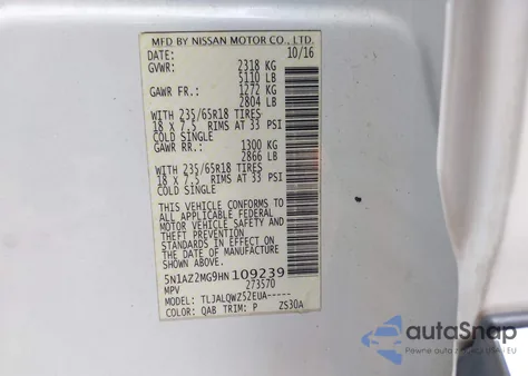 2017 Nissan Murano Platinum/S/Sl/Sv из США, поврежденный, VIN 5N1AZ2MG9HN109239